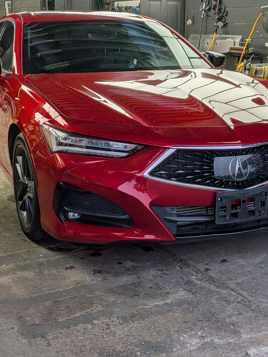 Red Acura TLX front three-quarter, gloss finished at Warden Auto Spa
